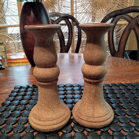 Vintage Royal Haegar Crackled Stoneware Candle Holders - Picture 1 of 7